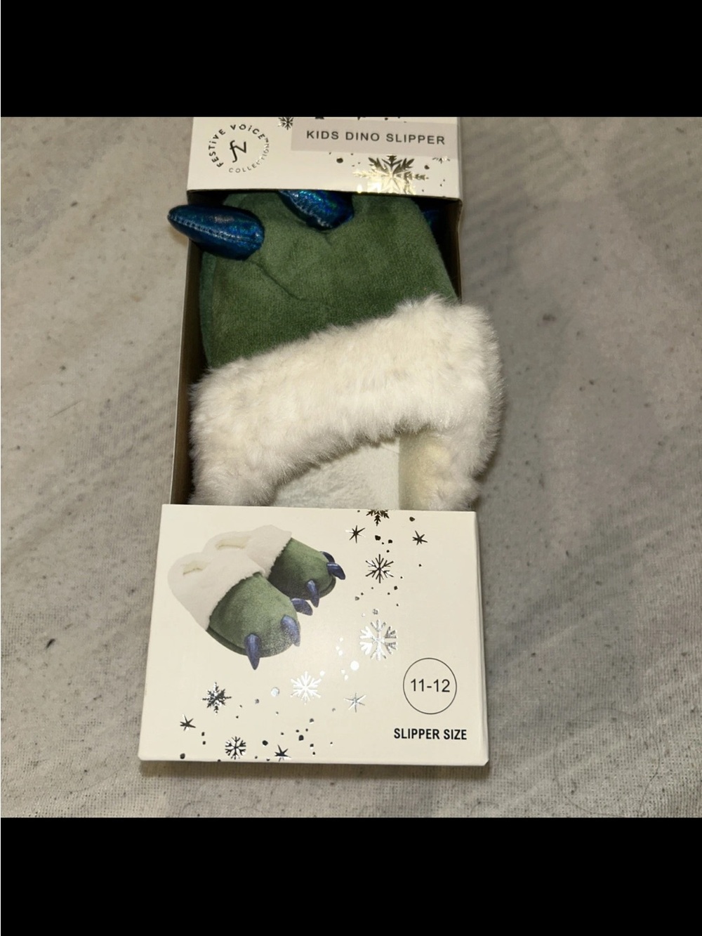 Kids Dino Slippers in Green with White Faux Fur Cuff